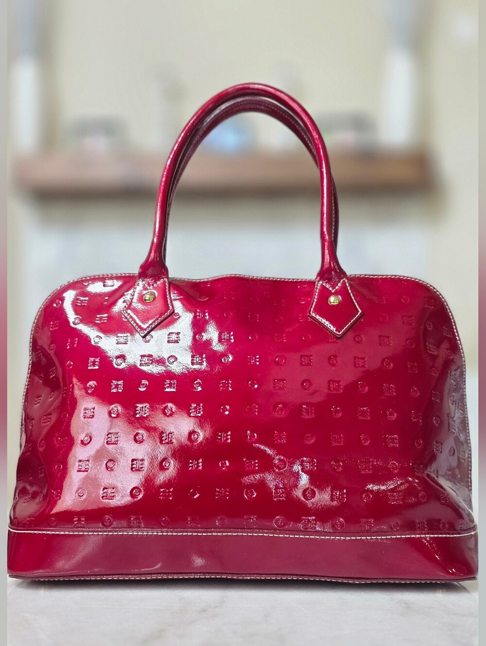 Arcadia Italian Patent Leather Monogram Zip Satchel in Cherry Red - Picture 2 of 15